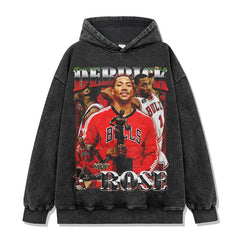 Vintage Derrick Print Short Sleeve T-Shirt Washed Distressed Long Sleeve Crew Neck Loose Hooded Sweatshirt