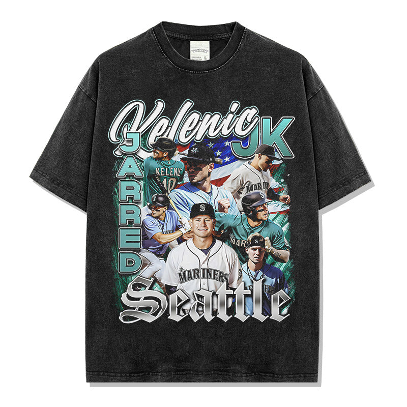 Vintage Kelenic Printed Short Sleeve T-Shirt Vintage Loose Heavy Casual T