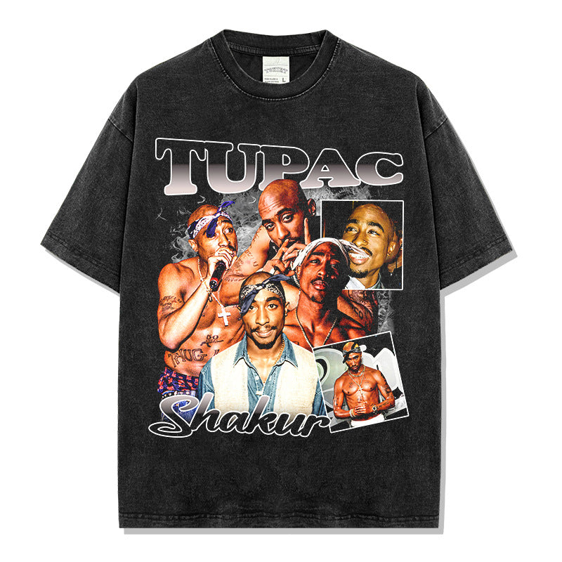 Vintage picture Parker tupac printed short-sleeved T-shirt washed round neck heavy cotton small neckline trendy t