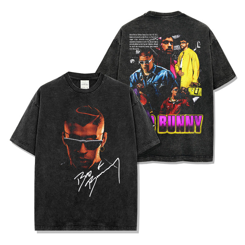 Vintage Bad Bunny Print Short Sleeve T-Shirt Washed Long Sleeve Loose Hooded Sweater Men