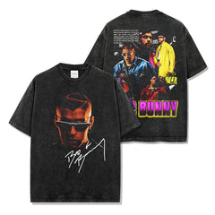 Vintage Bad Bunny Print Short Sleeve T-Shirt Washed Long Sleeve Loose Hooded Sweater Men