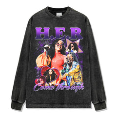 Hip Hop HER Printed Short Sleeve T-Shirt Washed Old Long Sleeve Loose Casual Heavy Hooded Sweater Men