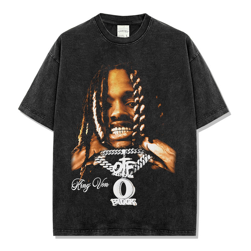 Hip Hop King Von Printed Washed Short Sleeve T-Shirt Crew Neck Long Sleeve Hooded Sweater Men