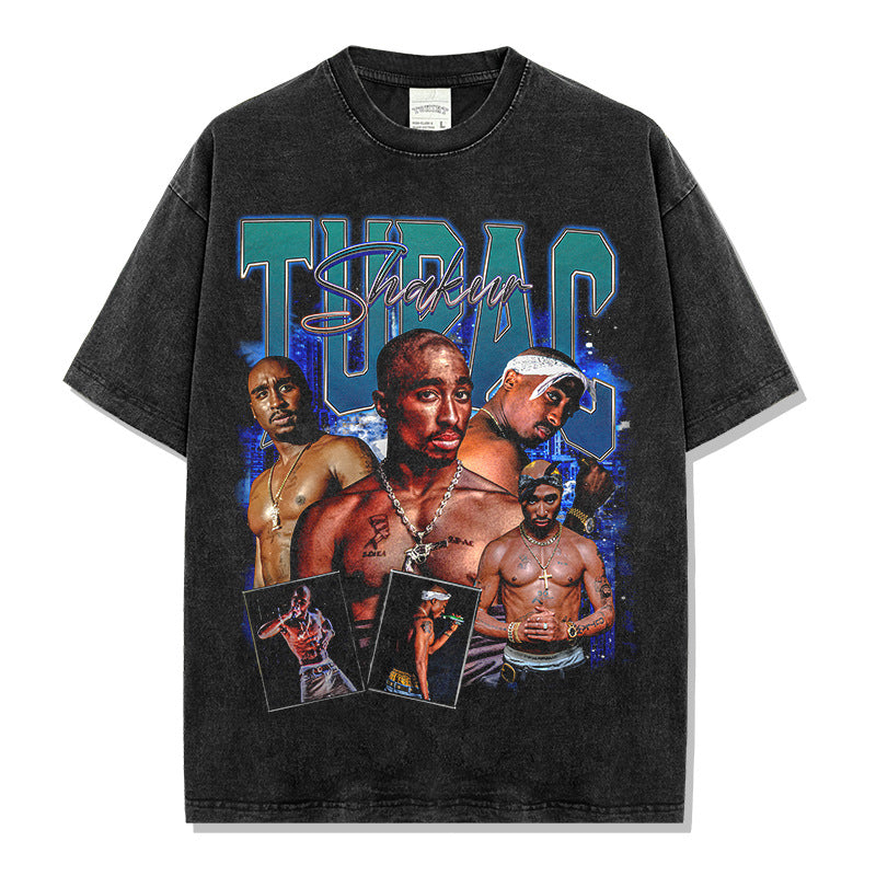 Vintage Hip Hop TUPAC Printed Short Sleeve T-Shirt Washed Old Long Sleeve Loose Hooded Sweater