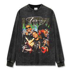 Hip Hop Lines Tory Lanez print short sleeve T-shirt washed long sleeve loose hooded sweatshirt