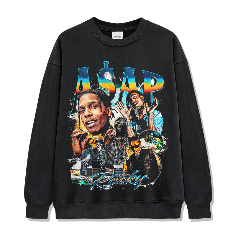 Hip Hop A $AP Rocky Printed Short Sleeve T-Shirt Washed Long Sleeve Loose Blockbuster Hooded Sweater Men