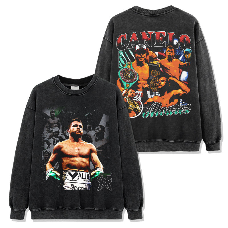 Canelo ¨¢lvarez Printed Washed Short Sleeve T-Shirt Casual Crew Neck Loose Hooded Sweater Men