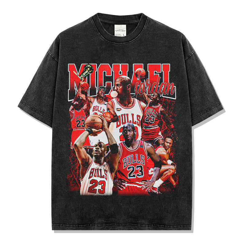 Retro printed short-sleeved t-shirt washed and old long-sleeved round neck loose casual hooded sweater men's trend