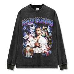 Hip Hop Bad Bunny Printed Short Sleeve T-Shirt Washed Long Sleeve Crew Neck Loose Hooded Sweater Men