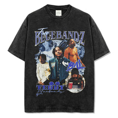 Vintage BluebandzE Printed T-Shirt Vintage Washed Loose Heavy Cotton Crew Neck Short Sleeve