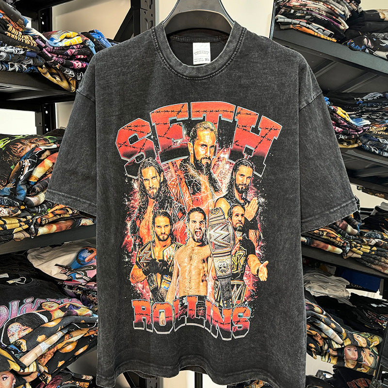 Vintage Seth Rollins Printed Short Sleeve T-Shirt Washed Heavy Cotton T