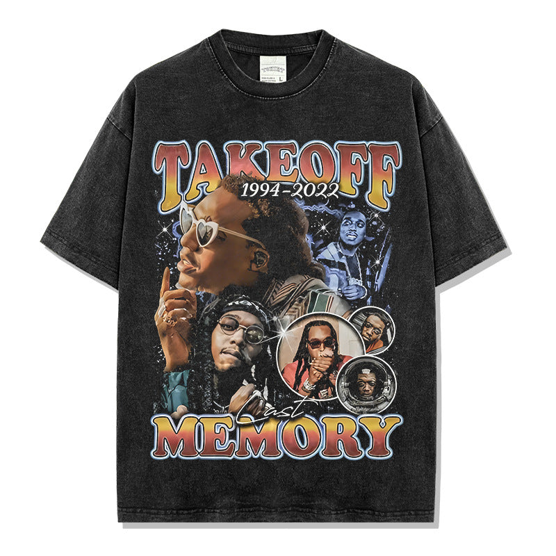 Vintage Hip Hop Takeoff Printed Short Sleeve T-Shirt Washed Old Loose Heavy Cotton Small Neckline