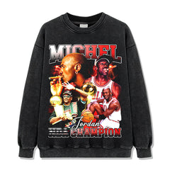 Retro trendy printed short-sleeved t-shirt old washed long-sleeved crew neck loose 420g hooded sweater men