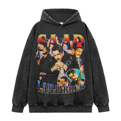 Saad Lamjarred Printed Short Sleeve T-Shirt Washed Old Long Sleeve Loose Hooded Sweater Men