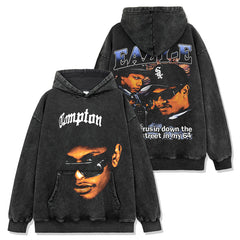Hip Hop Eric Eazy-E Printed Washed Short Sleeve T-Shirt Casual Crew Neck Hooded Sweater