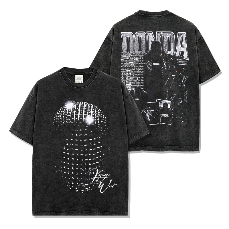 Hip Hop Kanye Kanye West Printed Washed Short Sleeve T-Shirt Crew Neck Loose Hooded Sweater Men