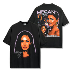 Vintage Megan MEGANFOX Printed Short Sleeve T-Shirt Loose Heavy Crew Neck Hooded Sweater Men's Trend