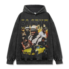 Hip Hop 50 Cent Printed Short Sleeve T-Shirt Washed Old Long Sleeve Loose Casual Hooded Sweater Men