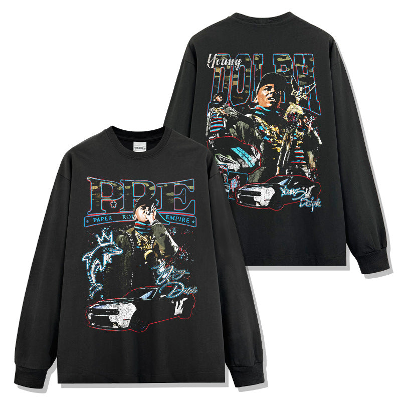 Hip Hop Young Dolph Printed Washed Short Sleeve T-Shirt Crew Neck Heavy Loose Hooded Sweater Men