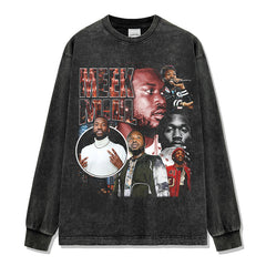 Hip Hop Mick MEEK MILL Printed Short Sleeve T-Shirt Washed Long Sleeve Loose Blockbuster Hooded Sweater