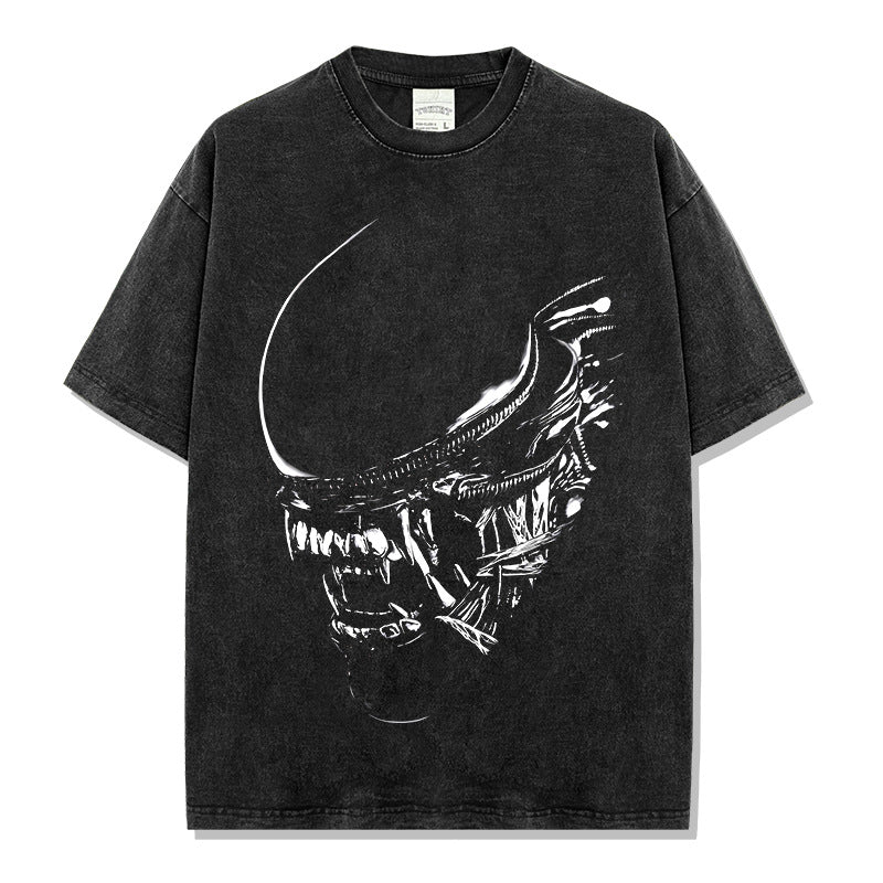 Vintage Alien Xenomorph Printed T-Shirt Vintage Washed Loose Heavy Crew Neck Short Sleeve