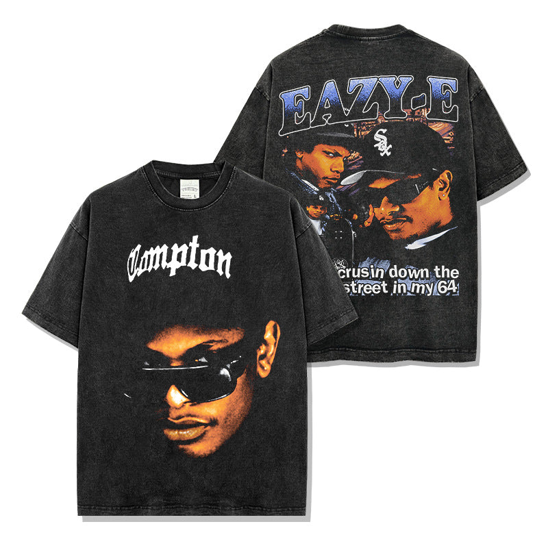 Hip Hop Eric Eazy-E Printed Washed Short Sleeve T-Shirt Casual Crew Neck Hooded Sweater