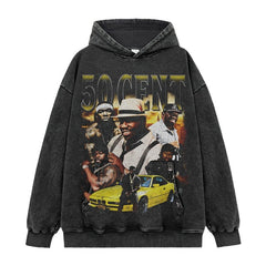 Hip Hop 50 Cent Printed Short Sleeve T-Shirt Washed Old Long Sleeve Loose Casual Hooded Sweater Men