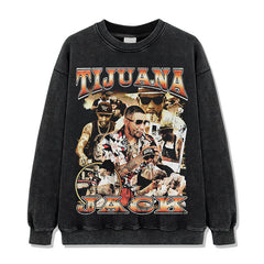 Hip Hop Tijuana Jack Printed Short Sleeve T-Shirt Washed Long Sleeve Loose Heavy Hooded Sweater