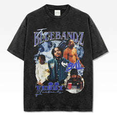 Vintage BluebandzE Printed T-Shirt Vintage Washed Loose Heavy Cotton Crew Neck Short Sleeve