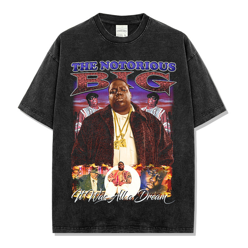 Hip hop biggie smalls printed short-sleeved t-shirt washed and done old long-sleeved loose hooded sweater