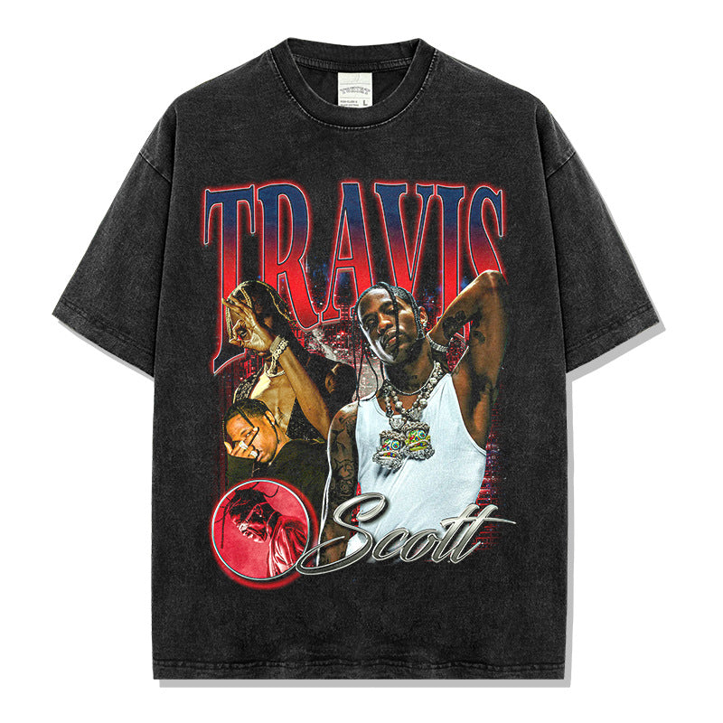 Vintage Hip Hop TRAVIS SCOTT Printed Short Sleeve T-Shirt Washed Long Sleeve Loose Hooded Sweater