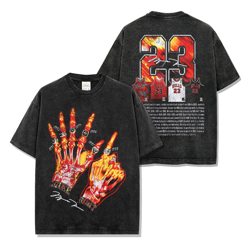 Vintage MJ Trapeze Double-sided Printed Washed Short Sleeve T-Shirt Crew Neck Heavy Hooded Sweater Men