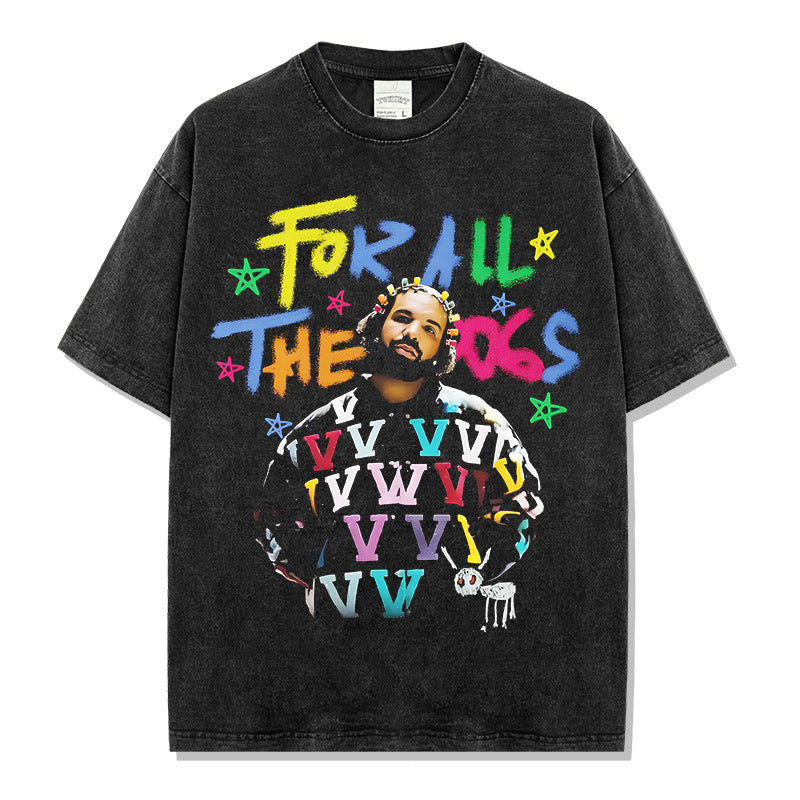 Hip Hop Tide Drake DRAKE Printed Short Sleeve T-Shirt Washed Old Long Sleeve Loose Hooded Sweater Men