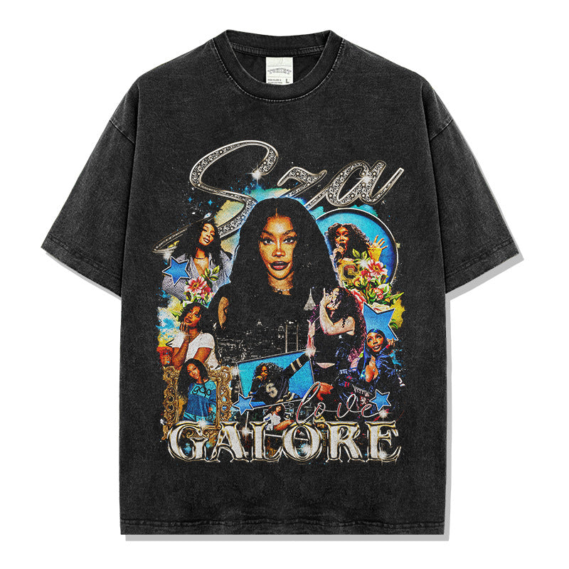 Shisha SZA printed short-sleeved t-shirt washed and old long-sleeved loose casual heavy hooded sweater men