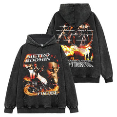 Hip Hop Boomin & Future Printed Washed Short Sleeve T-Shirt Casual Crew Neck Hooded Sweater