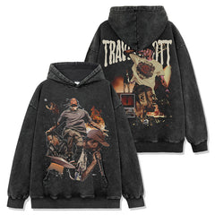 Vintage Hip Hop TRAVIS SCOTT Printed Short Sleeve T-Shirt Washed Long Sleeve Loose Hooded Sweater