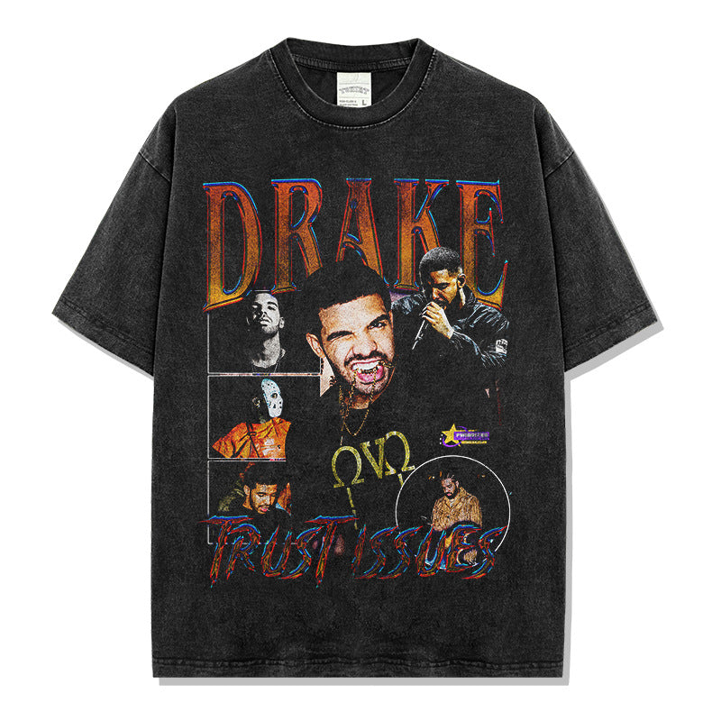 Hip Hop Drake DRAKE Printed Short Sleeve T-Shirt Washed Old Long Sleeve Loose Heavy Hooded Sweater