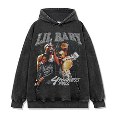 Hip hop lil baby print short-sleeved t-shirt washed long-sleeved loose casual heavy hooded sweater