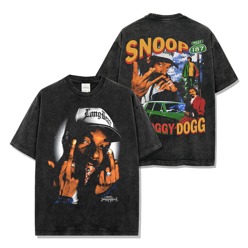 Vintage Lord Dog SNOOP DOGG Printed Short Sleeve T-Shirt Loose Heavy Crew Neck Hooded Sweater Men