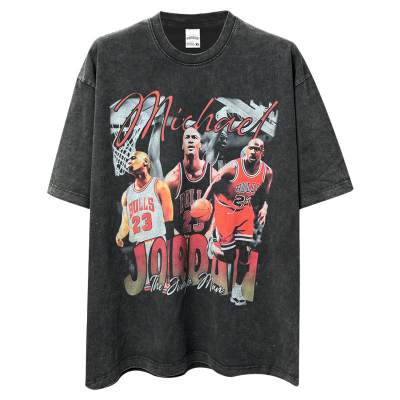 Vintage MJ Air Trapeze Printed Short Sleeve T-Shirt High Street Washed Old Heavy Cotton Small Neckline T