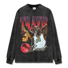 Vintage Hip Hop TRAVIS SCOTT Printed Short Sleeve T-Shirt Washed Long Sleeve Loose Hooded Sweater