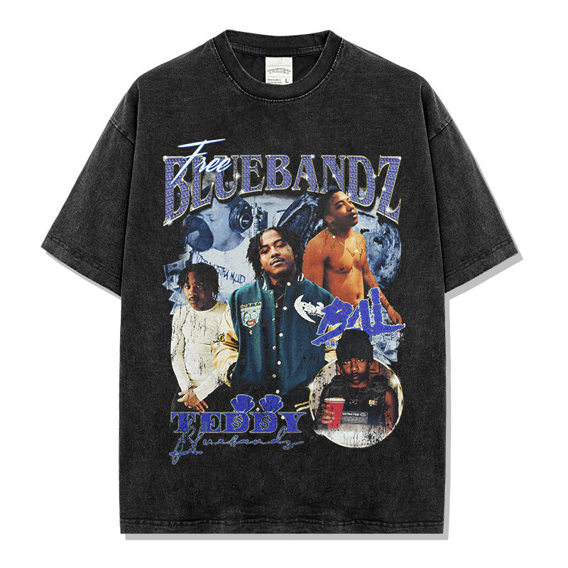 Vintage BluebandzE Printed T-Shirt Vintage Washed Loose Heavy Cotton Crew Neck Short Sleeve
