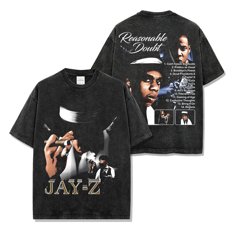 Retro hip-hop JAY-Z reversible print short sleeve t-shirt washed long sleeve loose hooded sweatshirt