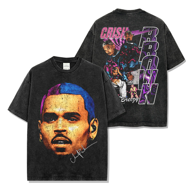 Hip Hop Brown Chris Brown Printed Washed Short Sleeve T-Shirt Crew Neck Heavy Loose Hooded Sweater Men
