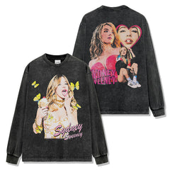 Sydney Sweeney Printed Washed Short Sleeve T-Shirt Casual Crew Neck Hooded Sweater