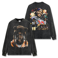 Hip Hop Lil Yachty Printed Washed Short Sleeve T-Shirt Casual Crew Neck Loose Hooded Sweater Men