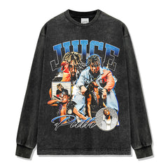 Hip Hop JUICE WRLD Printed Short Sleeve T-Shirt Washed Long Sleeve Loose Casual Hooded Sweater Men