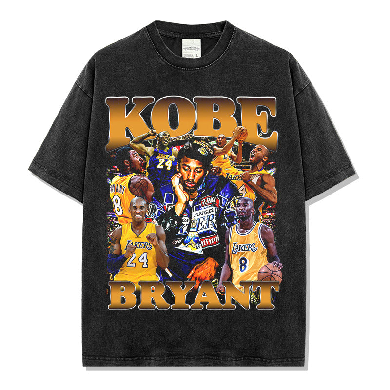 Retro trendy kobe printed short-sleeved t-shirt washed and old long-sleeved loose hooded sweater for men