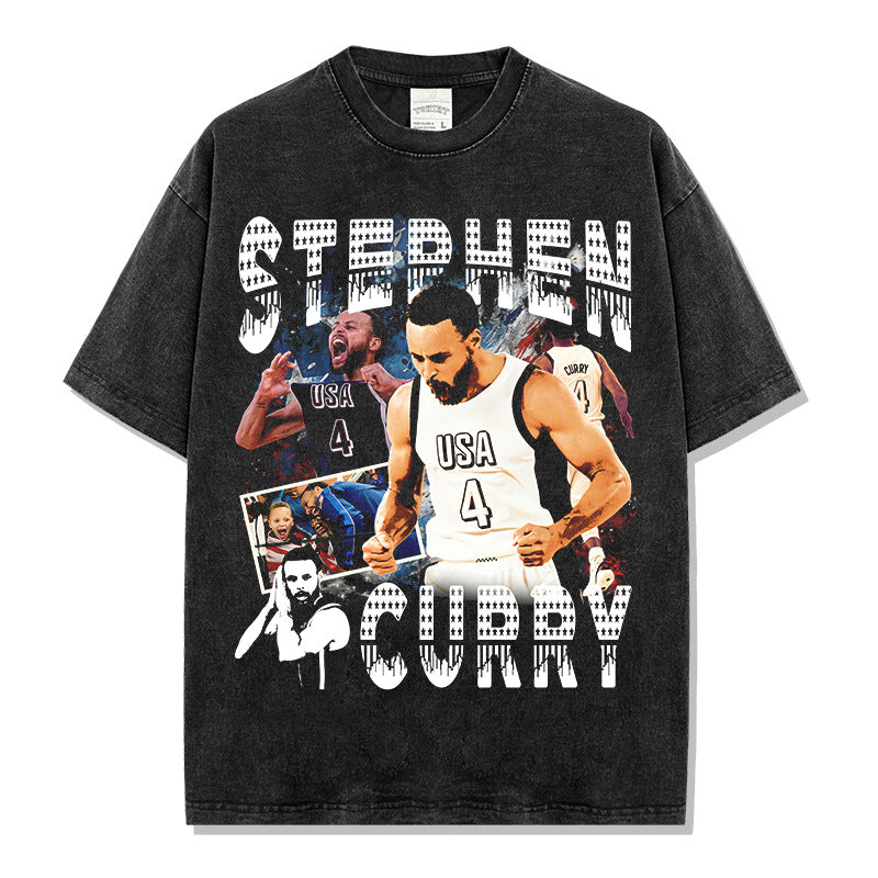 Vintage Curry CURRY Printed Short Sleeve T-Shirt Washed Long Sleeve Heavy Crew Neck Hooded Sweater Men's Trend