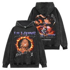 Hip Hop Lil Wayne Printed Washed Short Sleeve T-Shirt Crew Neck Loose Hooded Sweater